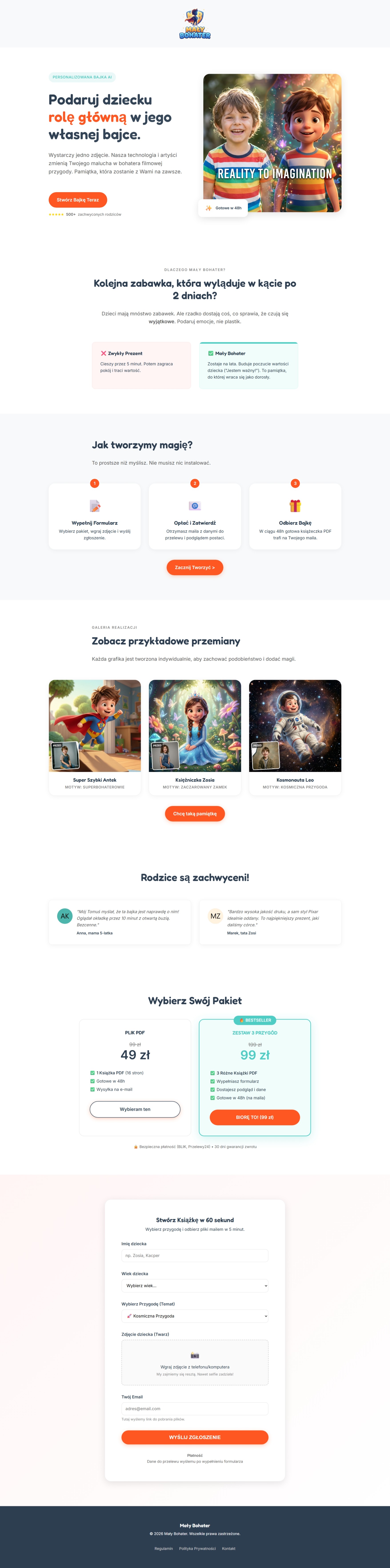 Strona internetowa maly-bohater.pl – personalizowane bajki dla dzieci, realizacja StartKit.pl